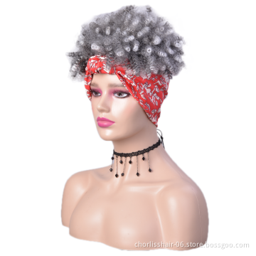 Wholesale Ombre Short Kinky Curly Turban Synthetic Wigs Afro Synthetic Headband Wigs With Turban Attached For Black Women Party